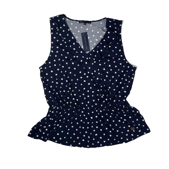 Adrienne Vittadini Navy Polka Dot Sleeveless Ruffle Blouse V-Neck Size L - Picture 2 of 5